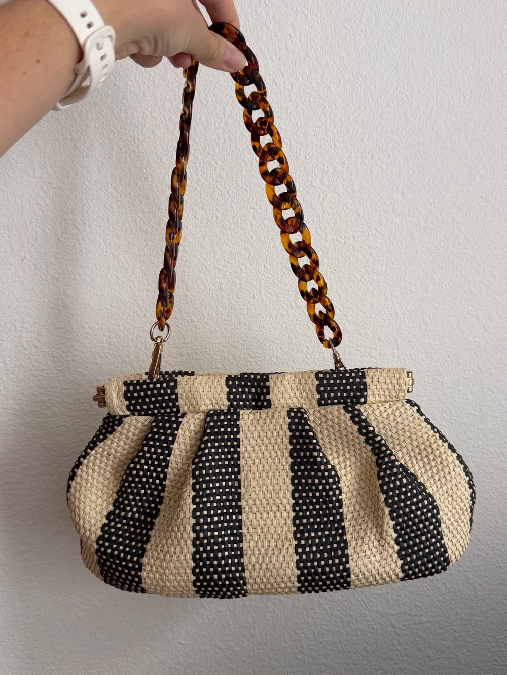 Woven Stripe Women's Handbag with Tortoiseshell Chain A New Day